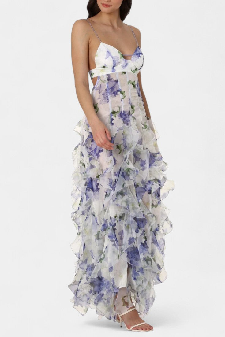 Bonnie | Vestido Maxi Cortado con Volantes de Flores