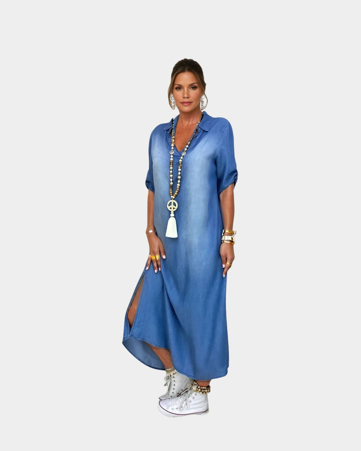 Lea | Vestido largo estilo denim con abertura lateral