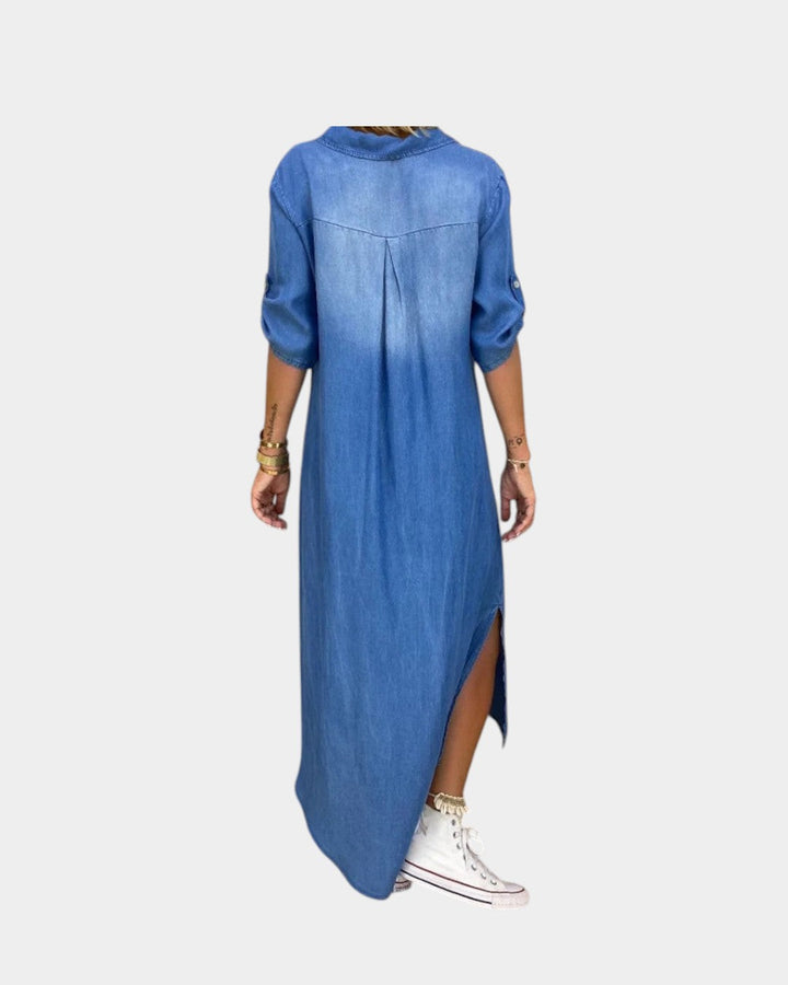 Lea | Vestido largo estilo denim con abertura lateral