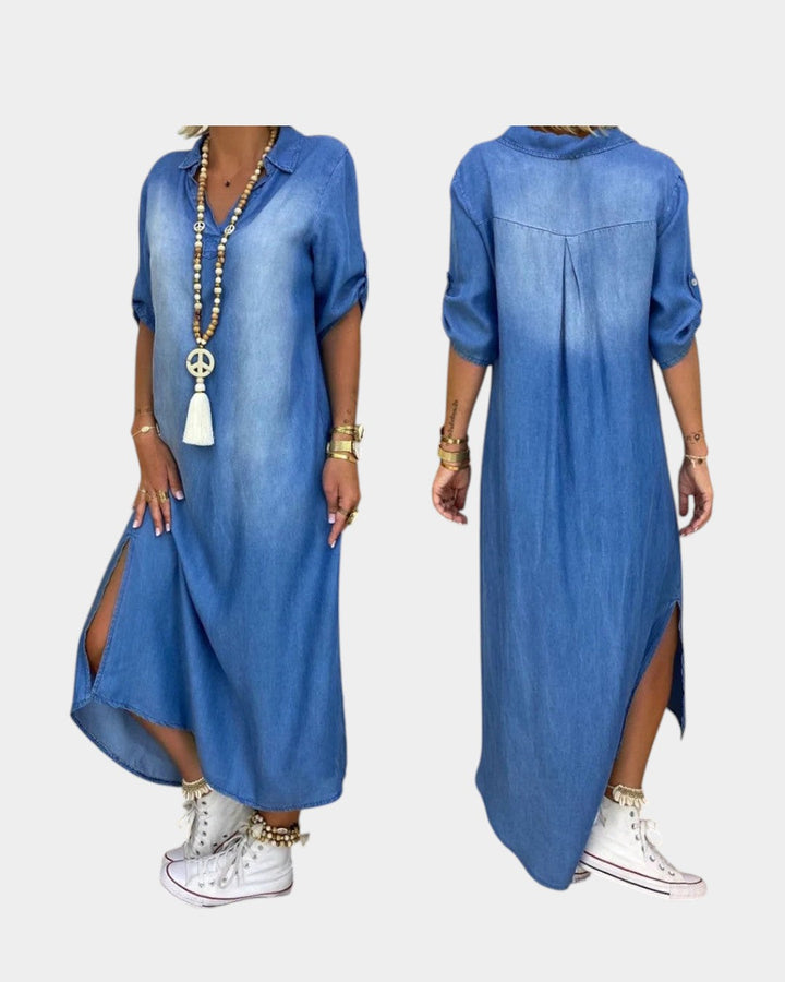 Lea | Vestido largo estilo denim con abertura lateral