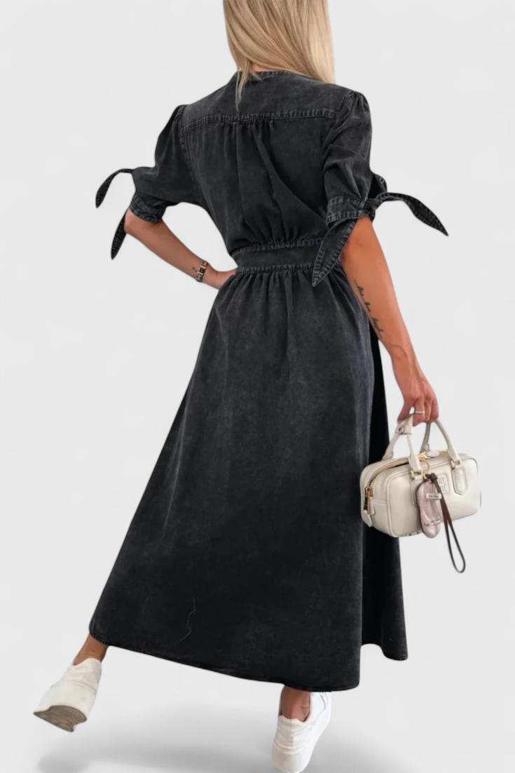 Adelina | Vestido Midi de Denim con Botones y Escote en V