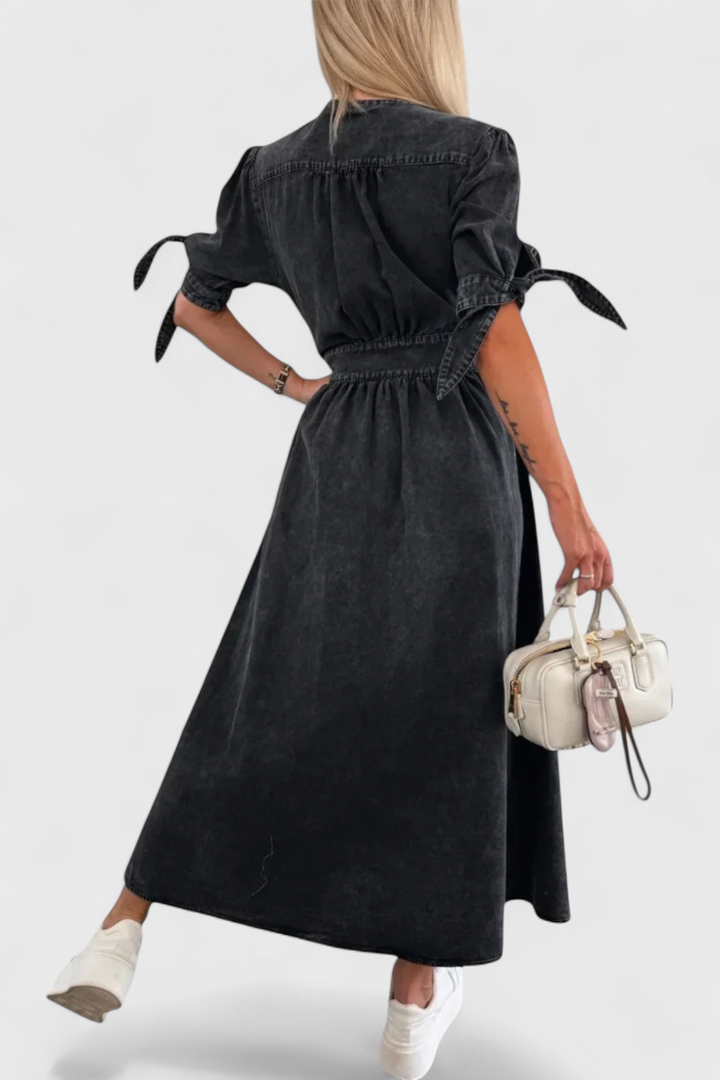 Adelina | Vestido Midi de Denim con Botones y Escote en V