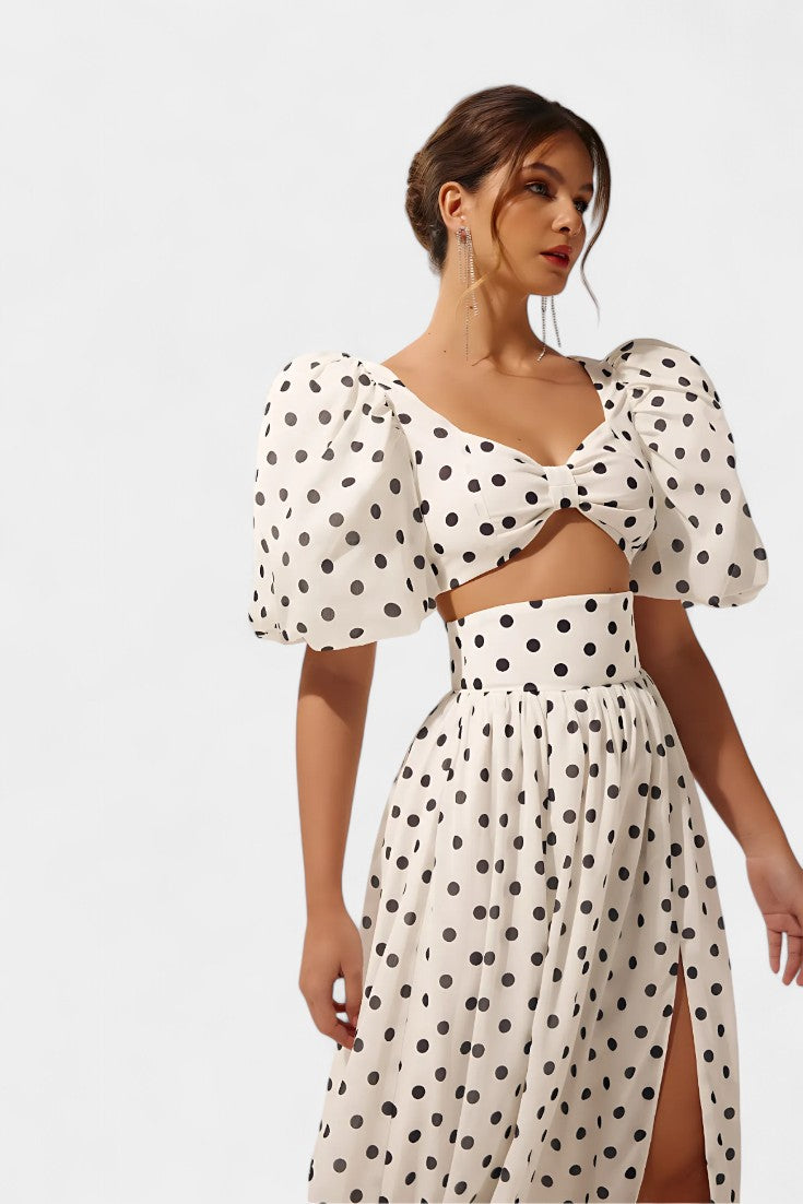 Sherine | Conjunto de Falda con Mangas Abullonadas de Lunares