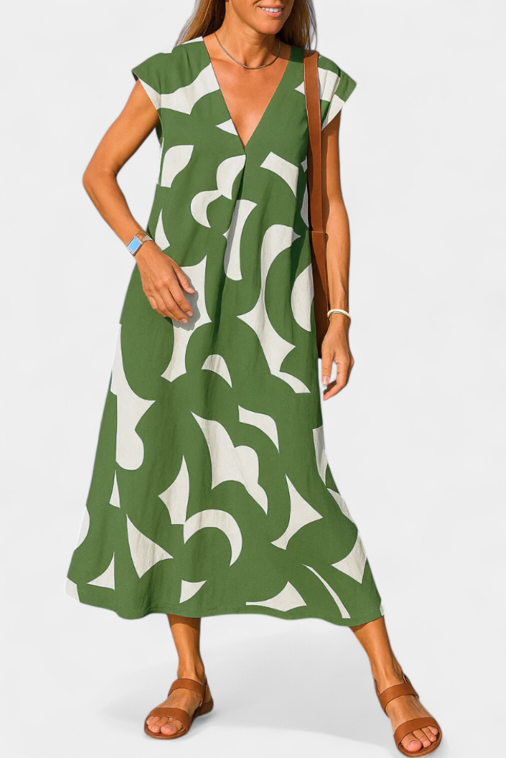 Asela | Vestido Casual con Escote en V y Estampado Mixi