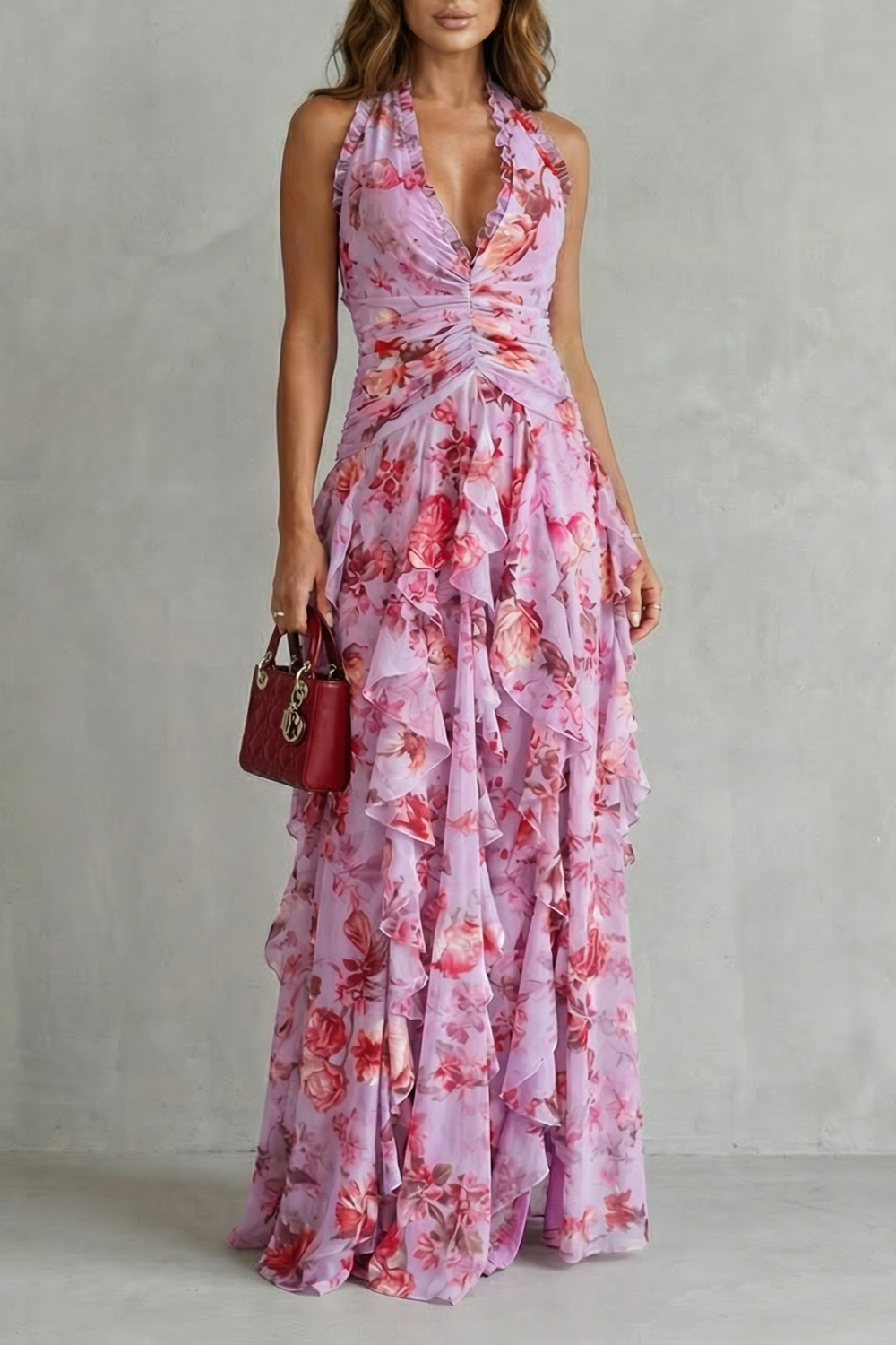 Belladina | Vestido largo halter – Cascada romántica de rosas