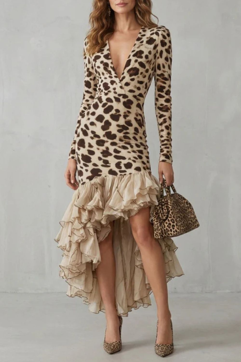 Lioraé | Bajo con volantes – Vestido midi de leopardo