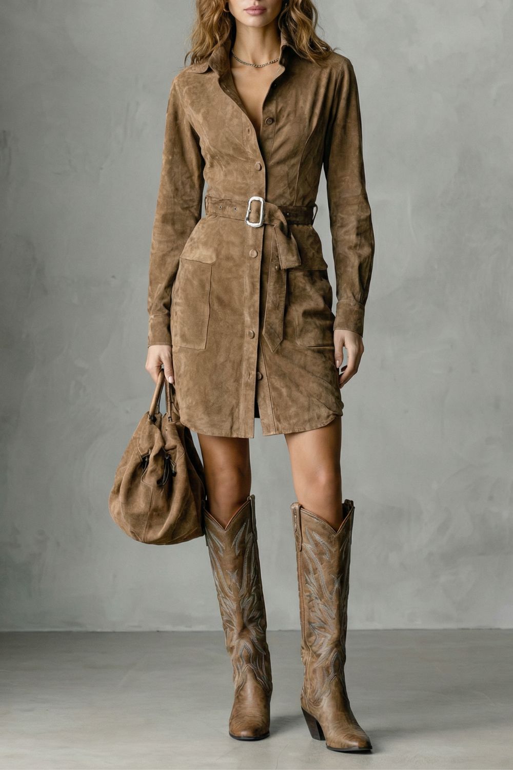 Vellessa | Silueta con cinturón – Vestido midi efecto ante