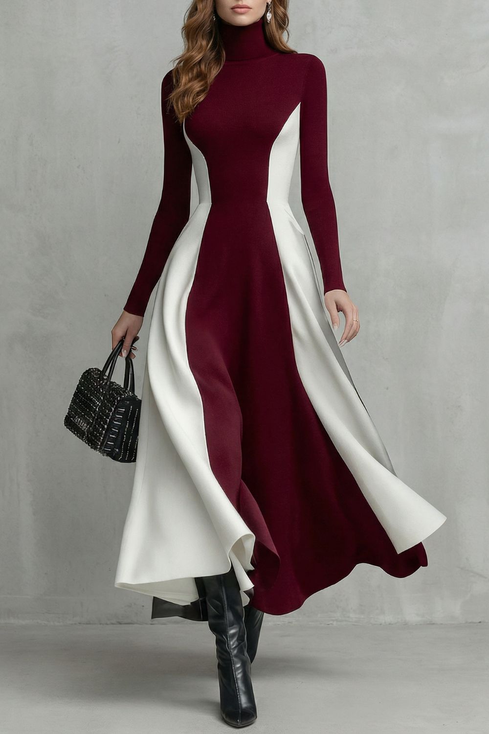 Mariveille | Fluidez en contraste esculpido – Vestido de cuello alto