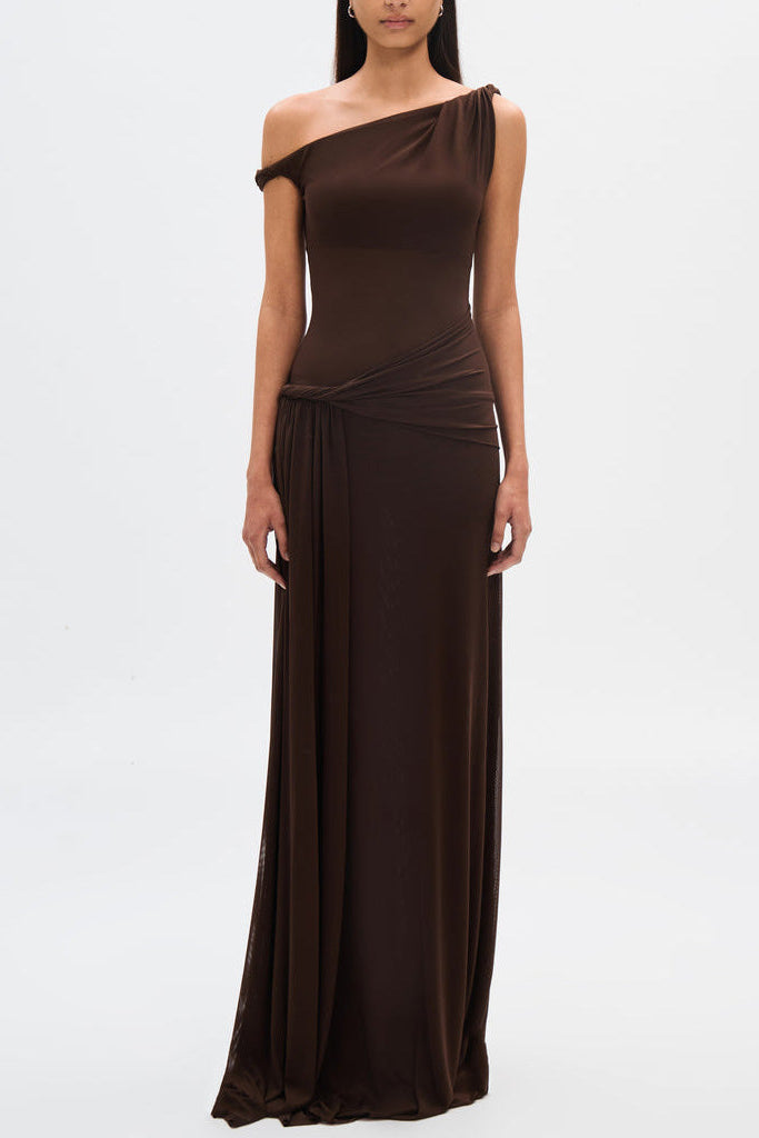Eranda | Vestido Maxi de Malla Drapada Off-Shoulder