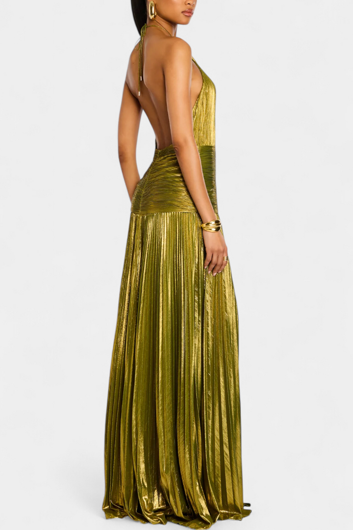 Emma | Vestido Halter Abierto por la Espalda Metálico