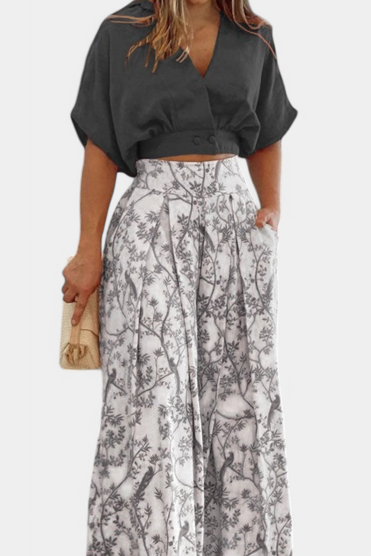 Olivia | Conjunto Boho de Cuello en V y Pierna Ancha