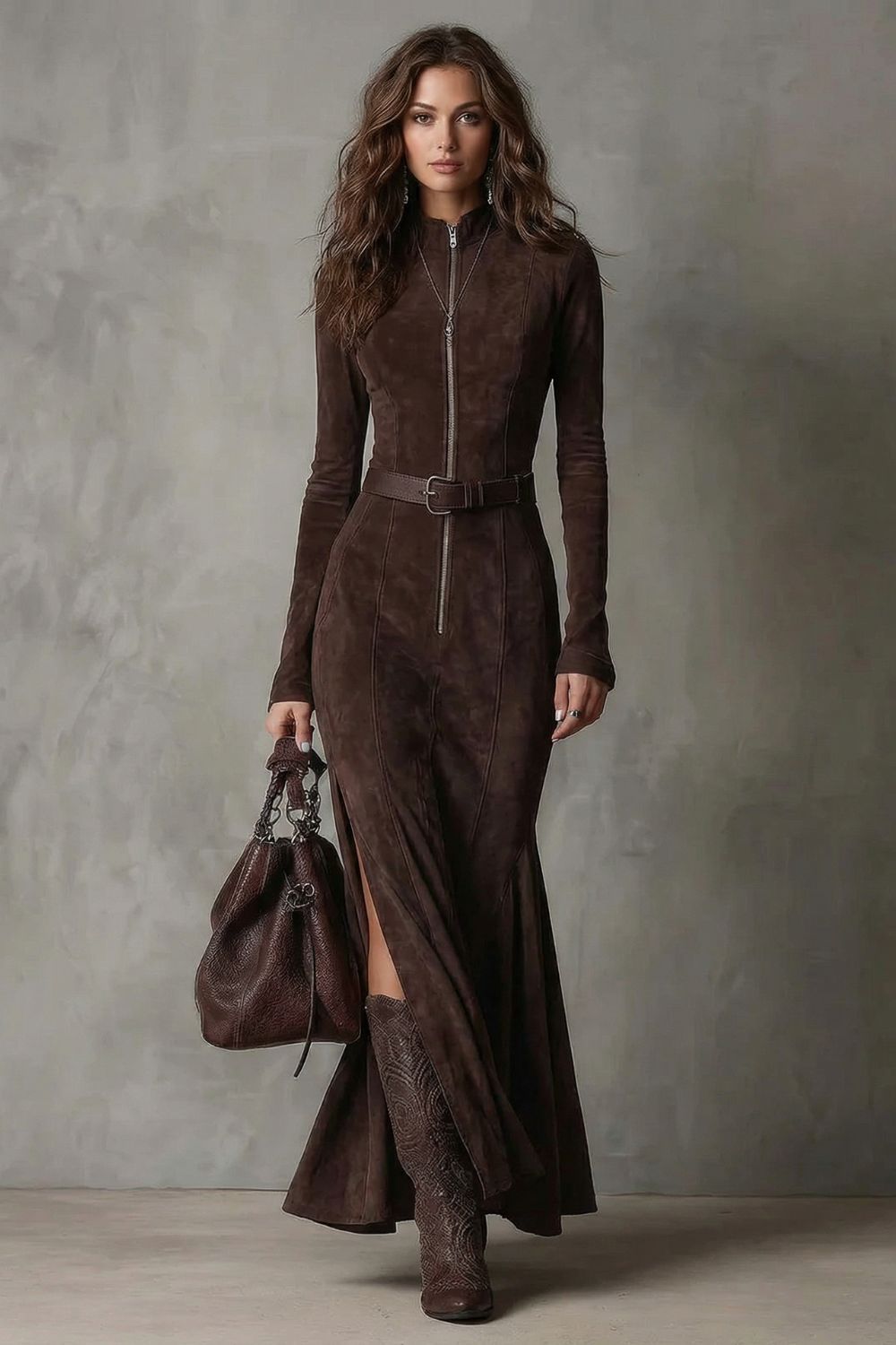 Raviona | Estilo ante con cinturón – Vestido maxi con cremallera (Incluye cinturón)