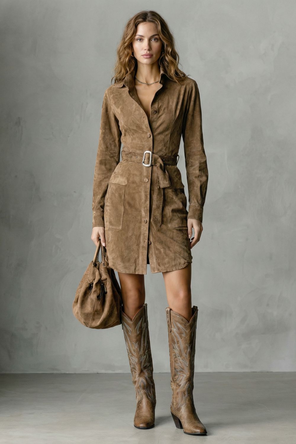 Vellessa | Silueta con cinturón – Vestido midi efecto ante