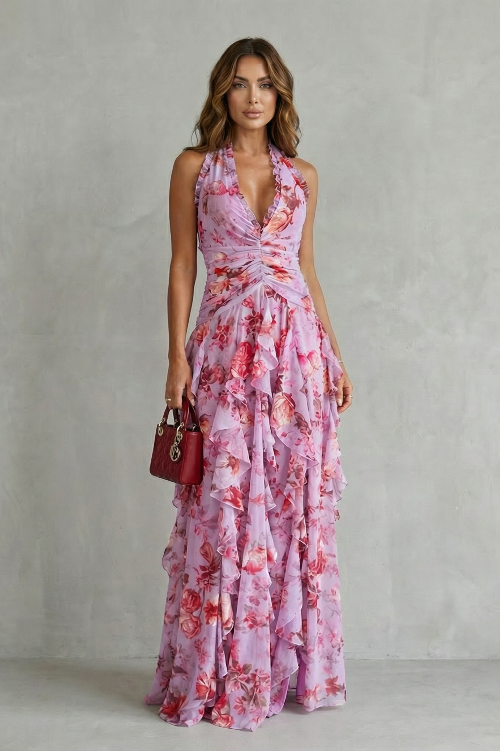 Belladina | Vestido largo halter – Cascada romántica de rosas