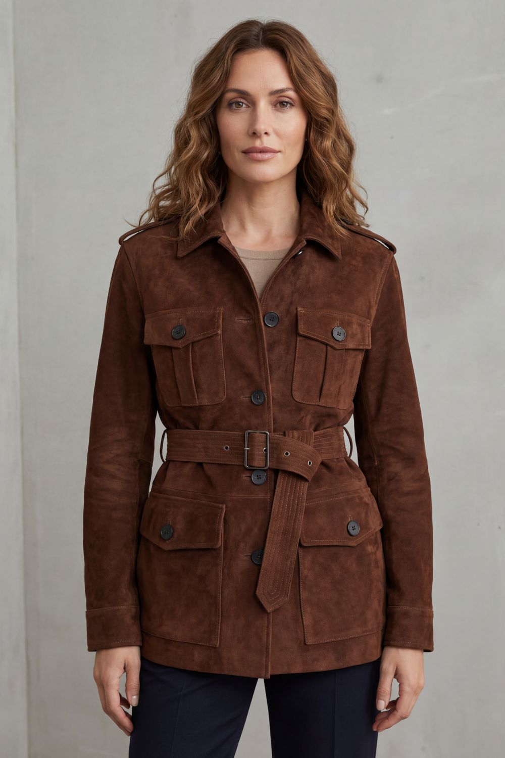 Valcarin | Estilo efecto ante con cinturón – Chaqueta utilitaria