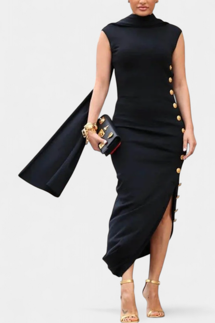 Aphrodite | Vestido Asimétrico con Botones Dorados Decorativos