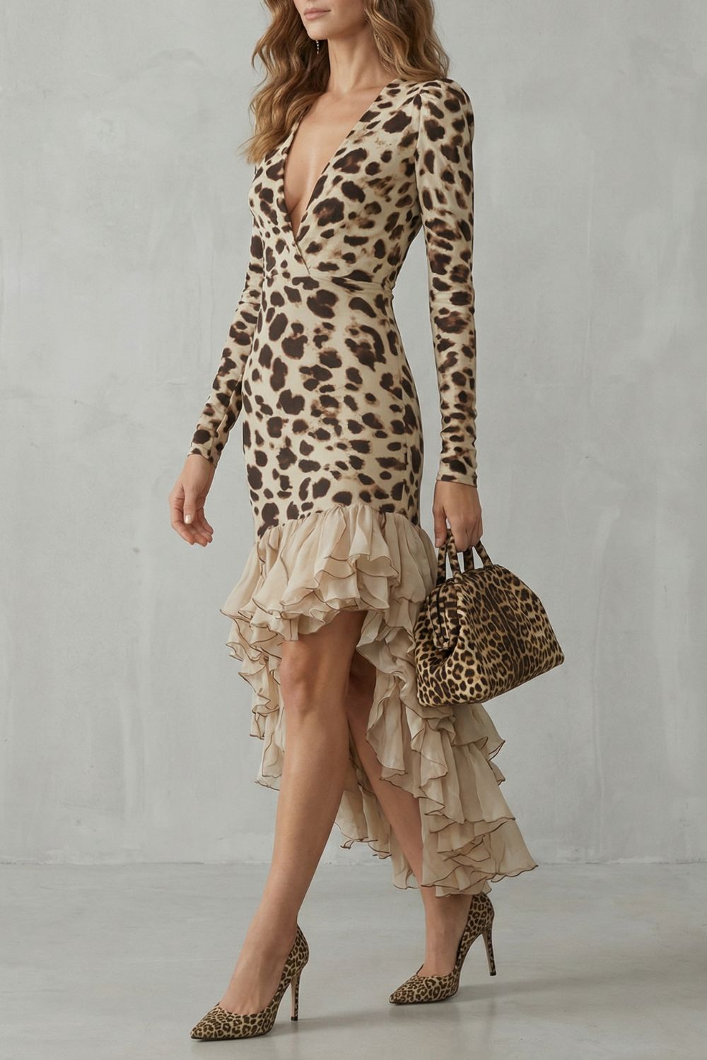 Lioraé | Bajo con volantes – Vestido midi de leopardo