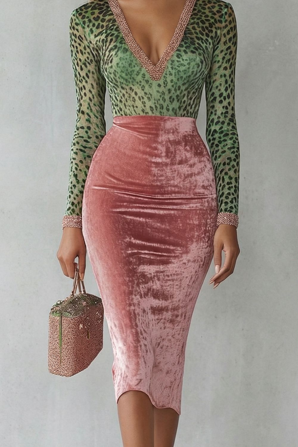 Virelline | Contraste de leopardo en terciopelo – Vestido midi bodycon