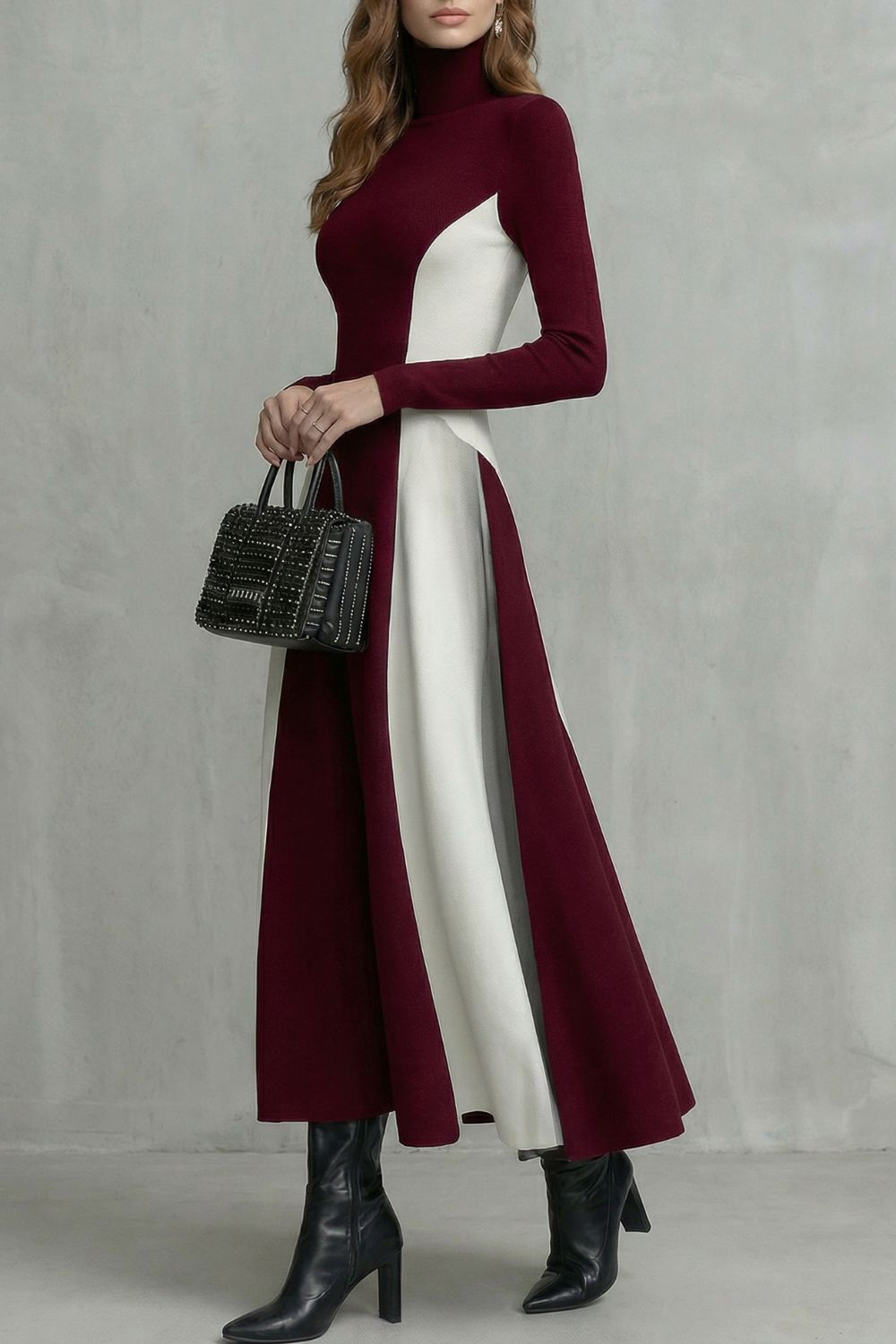 Mariveille | Fluidez en contraste esculpido – Vestido de cuello alto