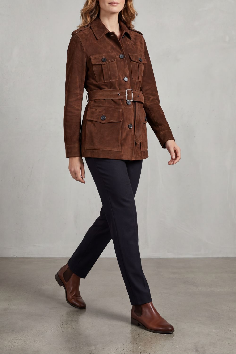 Valcarin | Estilo efecto ante con cinturón – Chaqueta utilitaria