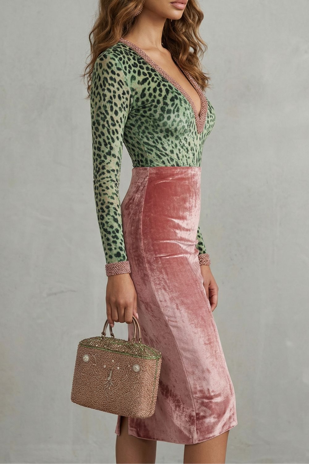 Virelline | Contraste de leopardo en terciopelo – Vestido midi bodycon