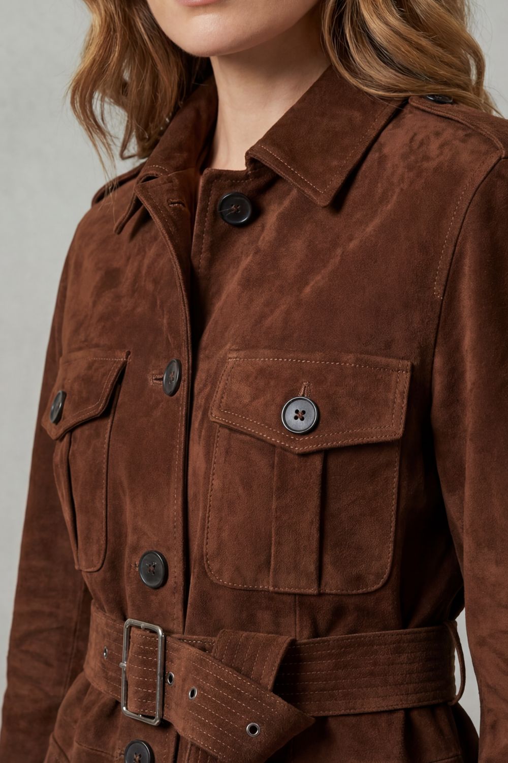 Valcarin | Estilo efecto ante con cinturón – Chaqueta utilitaria