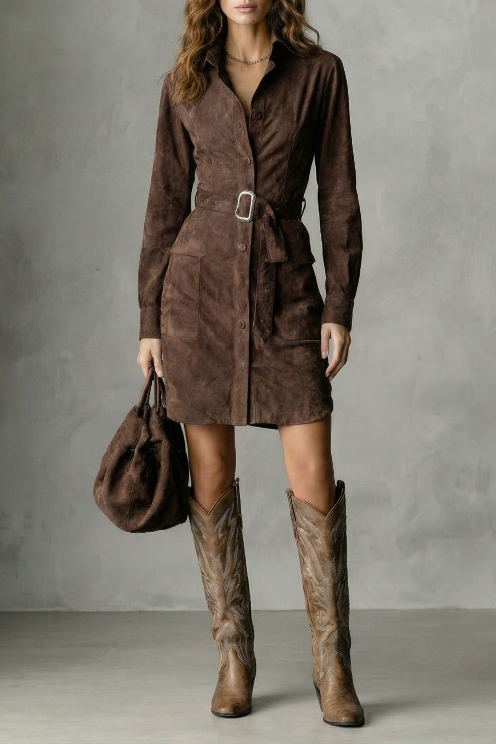 Vellessa | Silueta con cinturón – Vestido midi efecto ante