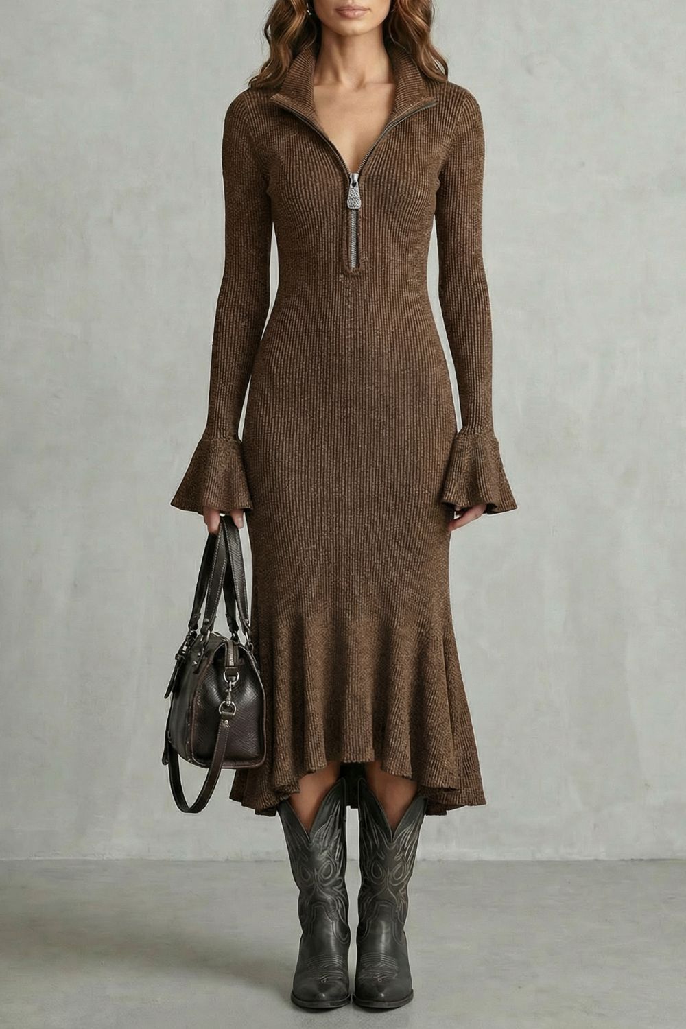 Veloria | Elegancia con puños acampanados – Vestido midi con cremallera