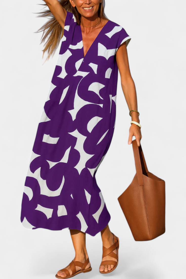 Asela | Vestido Casual con Escote en V y Estampado Mixi