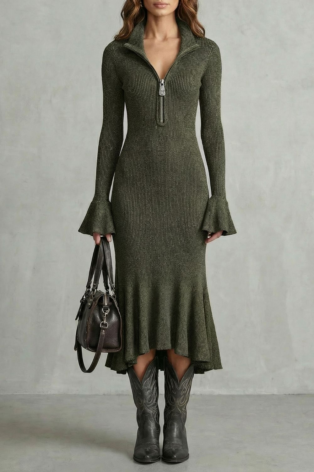 Veloria | Elegancia con puños acampanados – Vestido midi con cremallera