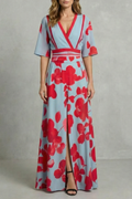 Averette | Vestido largo floral con escote en V – Contraste de flores audaz