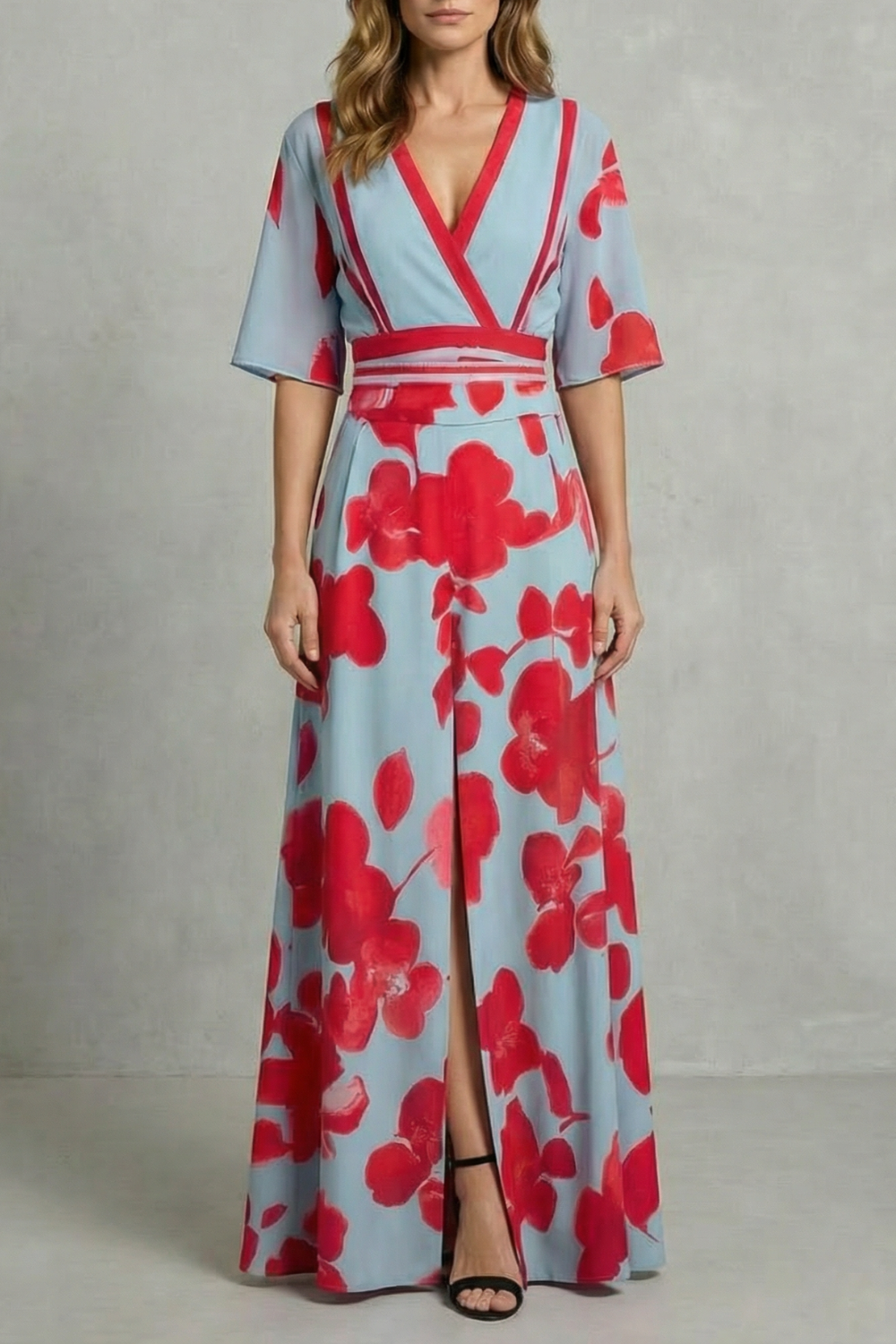 Averette | Vestido largo floral con escote en V – Contraste de flores audaz