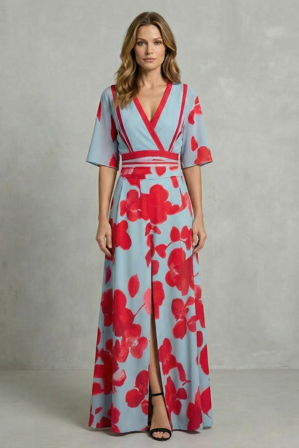 Averette | Vestido largo floral con escote en V – Contraste de flores audaz