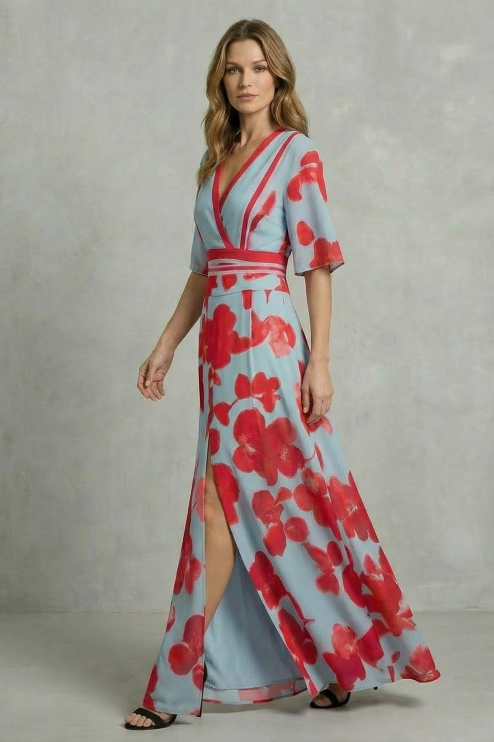 Averette | Vestido largo floral con escote en V – Contraste de flores audaz