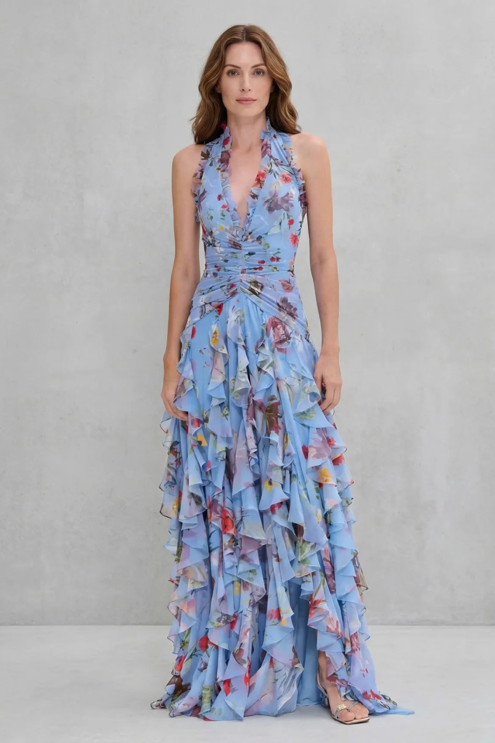 Belladina | Vestido largo halter – Cascada romántica de rosas