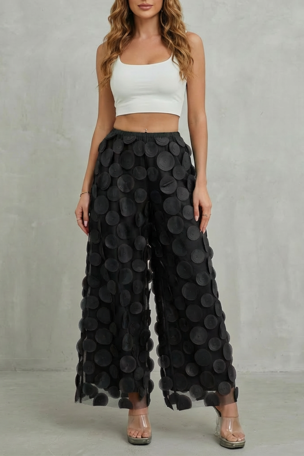 Bellaria – 3D circle appliqué – Wide-leg trousers