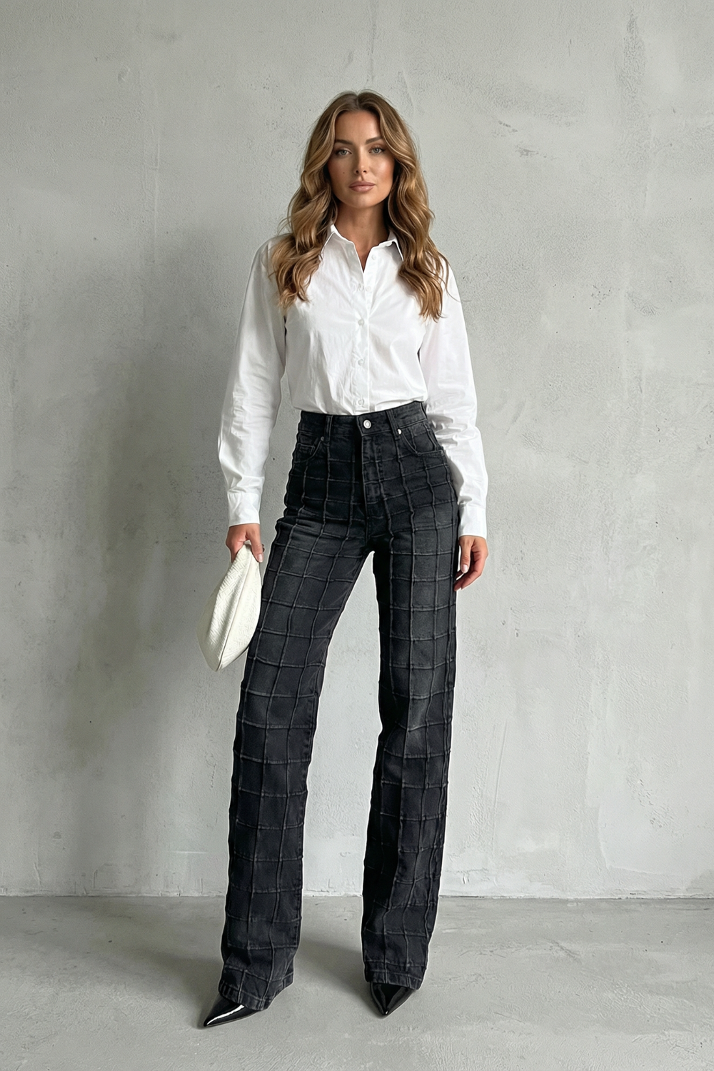 Calvierre – Stitched square pattern – Straight leg jeans