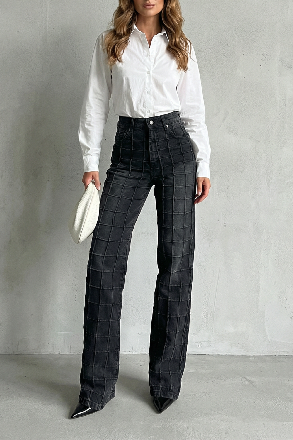 Calvierre – Stitched square pattern – Straight leg jeans