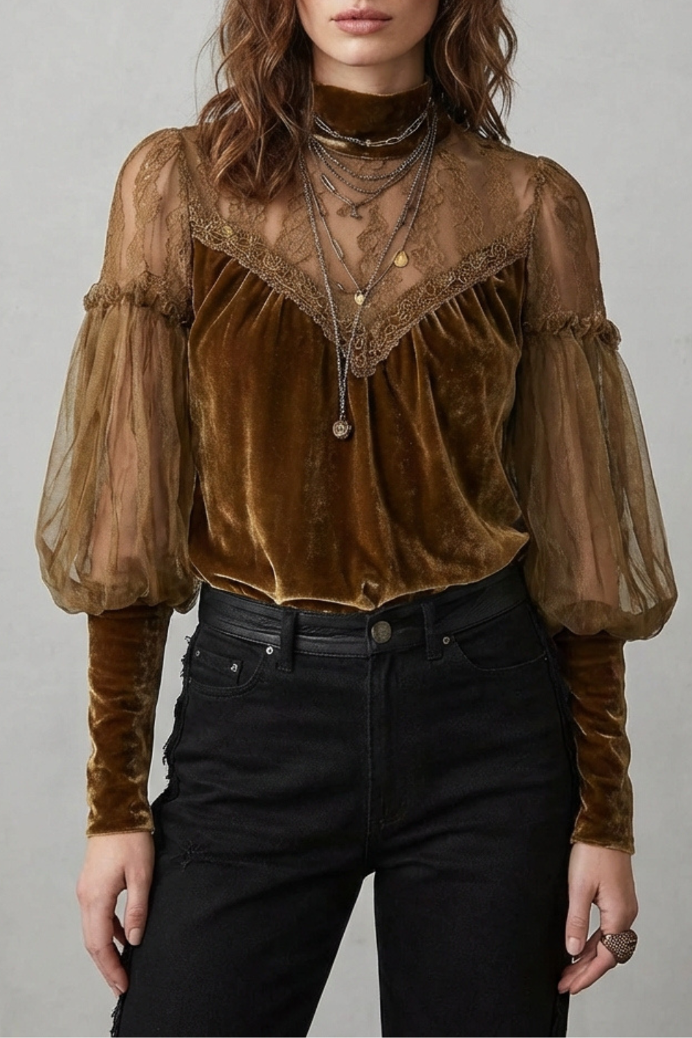 Elayssia – Sheer lace detail – Velvet turtleneck blouse