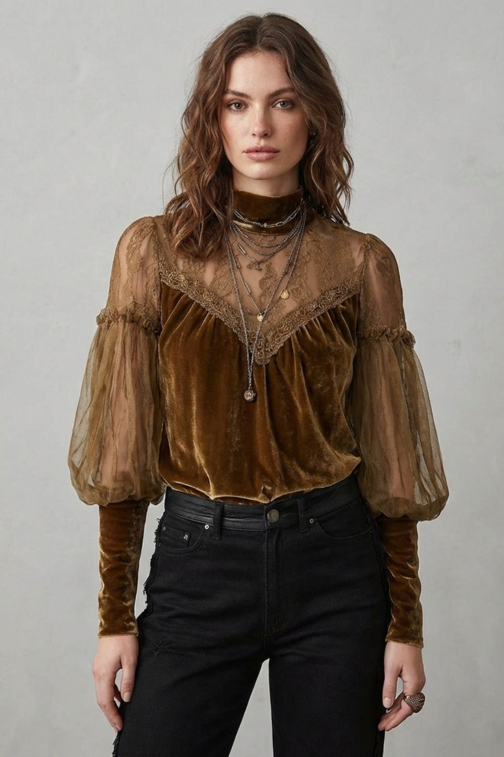 Elayssia – Sheer lace detail – Velvet turtleneck blouse