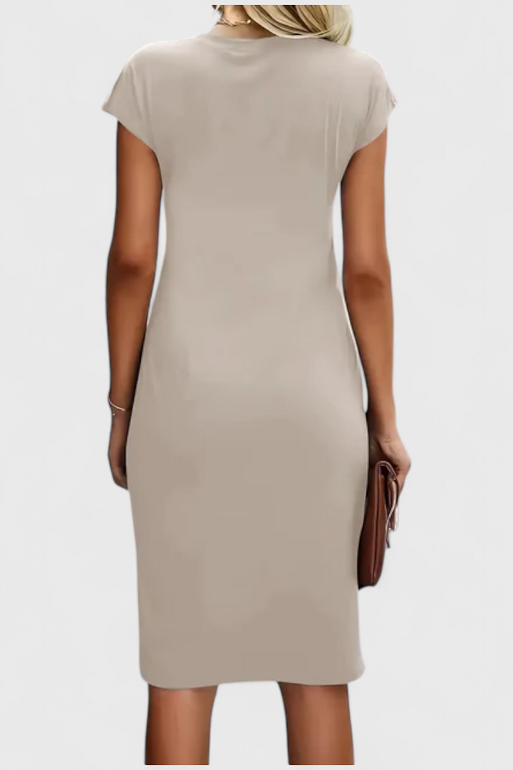 Katrina | Vestido Midi Atemporal con Cuello Redondo y Detalle Drapeado
