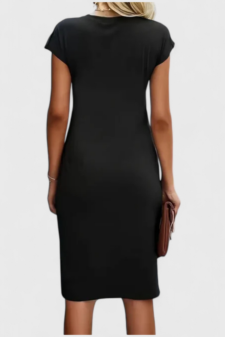 Katrina | Vestido Midi Atemporal con Cuello Redondo y Detalle Drapeado