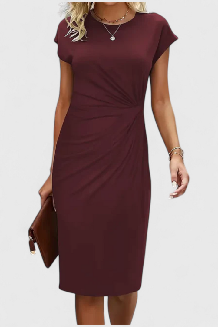 Katrina | Vestido Midi Atemporal con Cuello Redondo y Detalle Drapeado