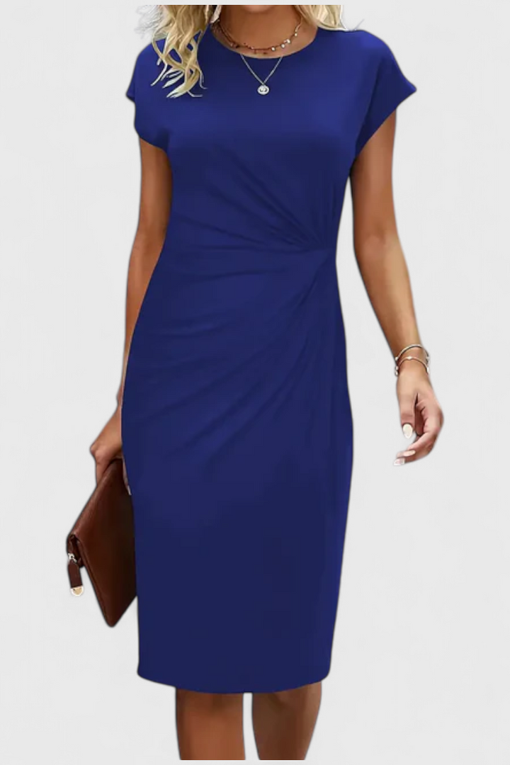 Katrina | Vestido Midi Atemporal con Cuello Redondo y Detalle Drapeado