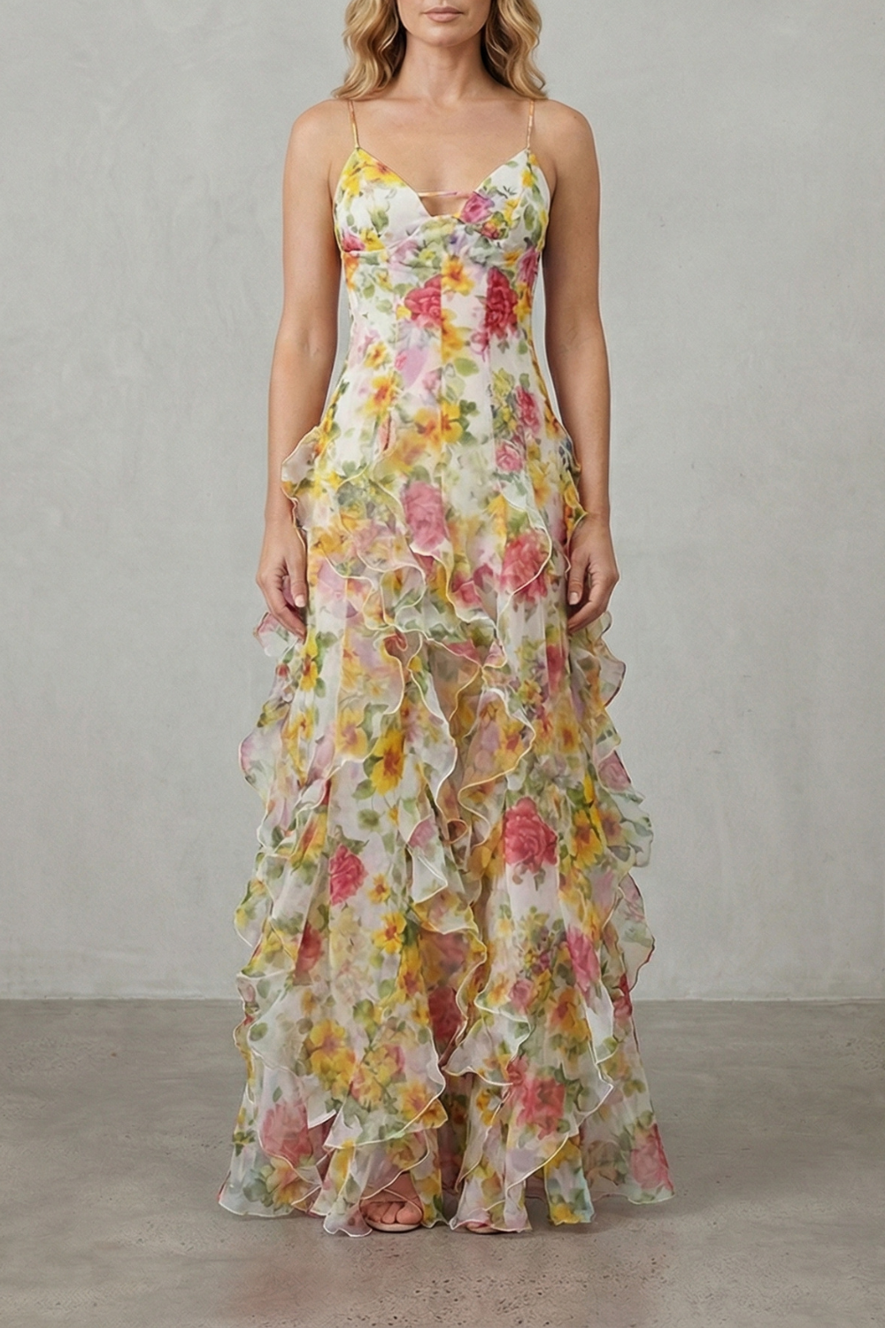 Fiorella | Vestido largo de gasa con volantes – Romance en acuarela