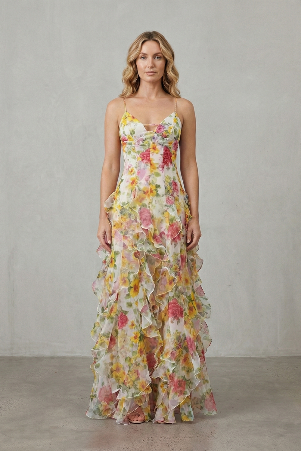 Fiorella | Vestido largo de gasa con volantes – Romance en acuarela