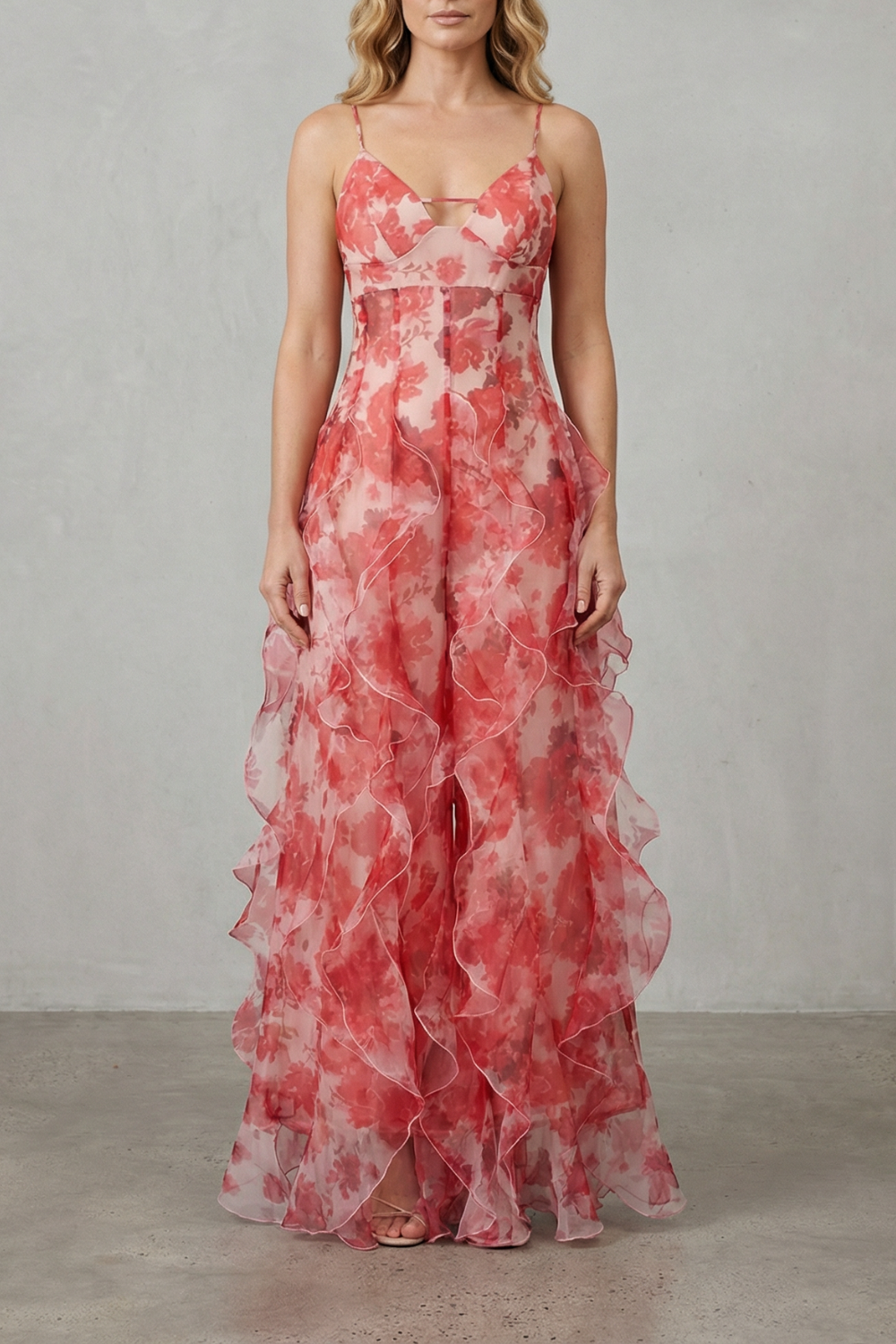 Fiorella | Vestido largo de gasa con volantes – Romance en acuarela