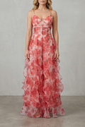 Fiorella | Vestido largo de gasa con volantes – Romance en acuarela