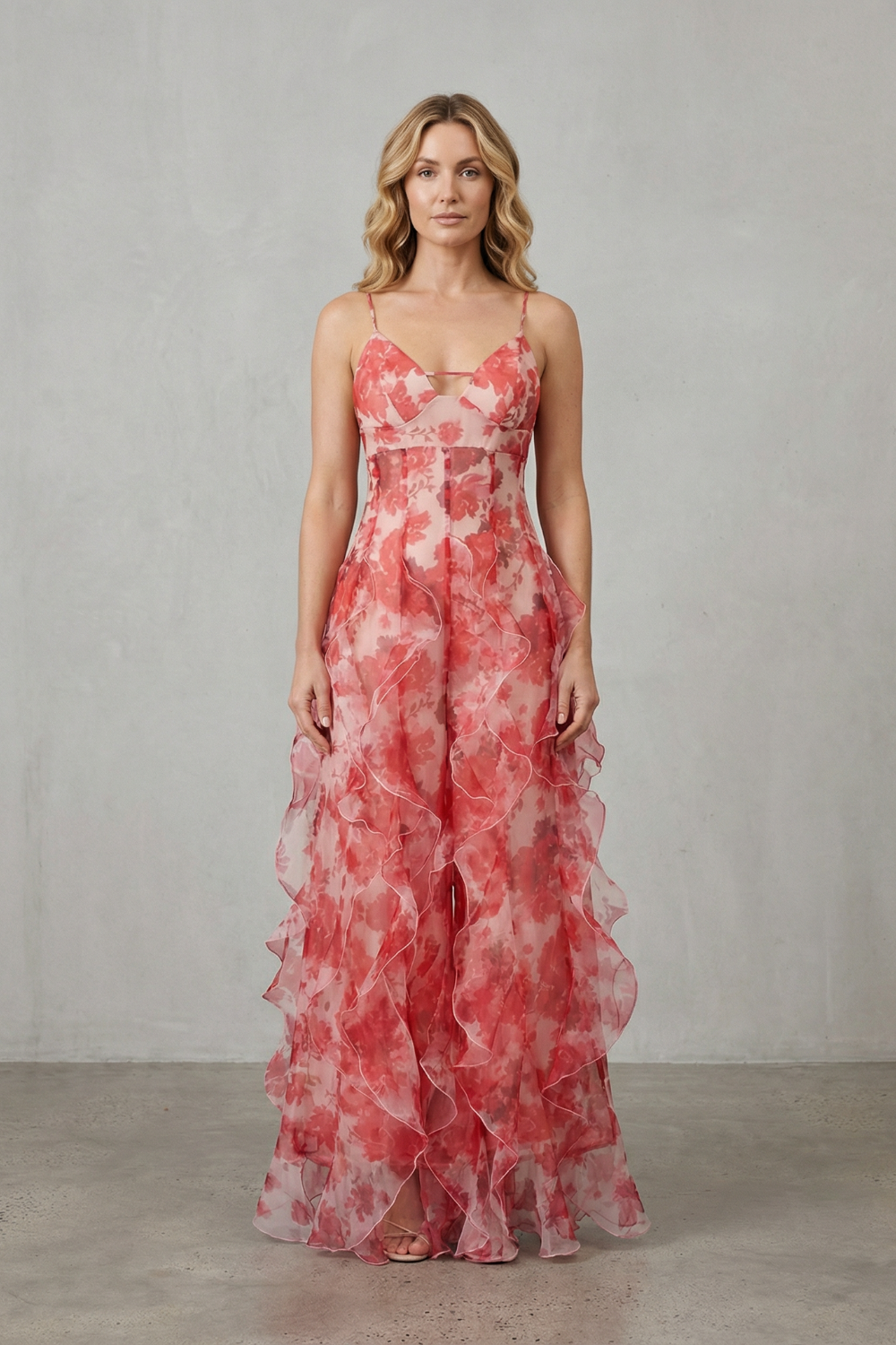Fiorella | Vestido largo de gasa con volantes – Romance en acuarela