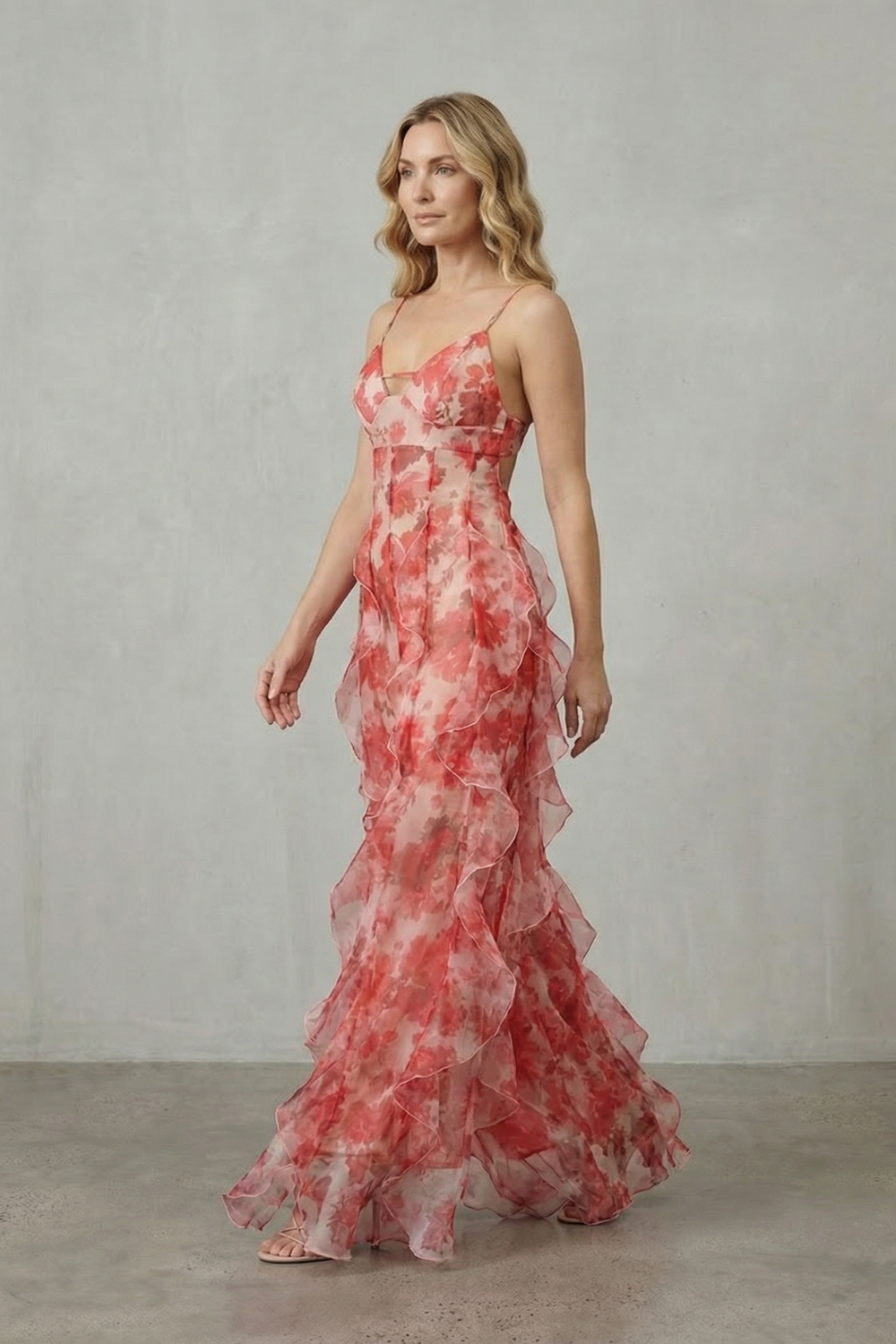 Fiorella | Vestido largo de gasa con volantes – Romance en acuarela